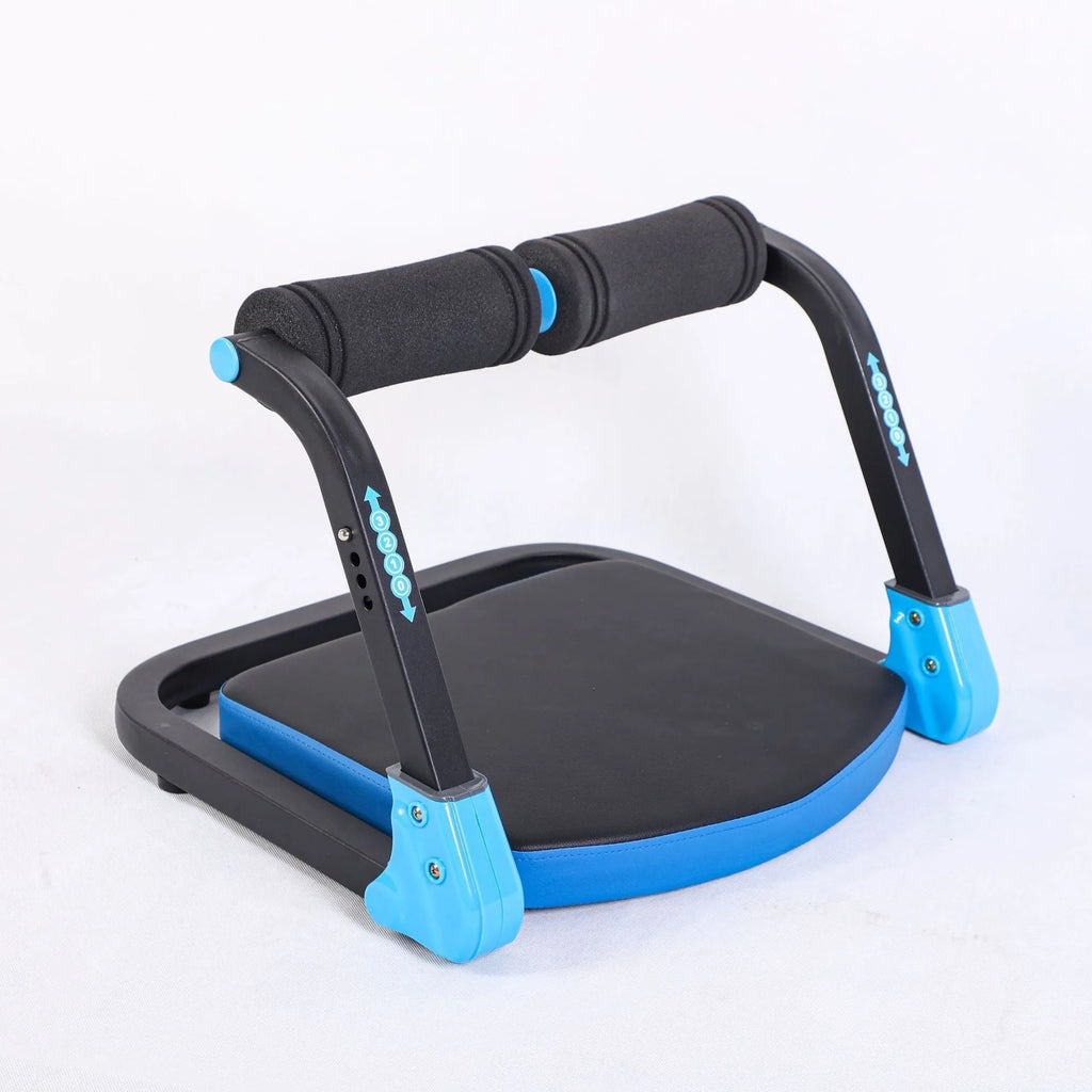 Sky blue and red mini multifunctional abdominal exercise device for home, office, and outdoor core workouts.
