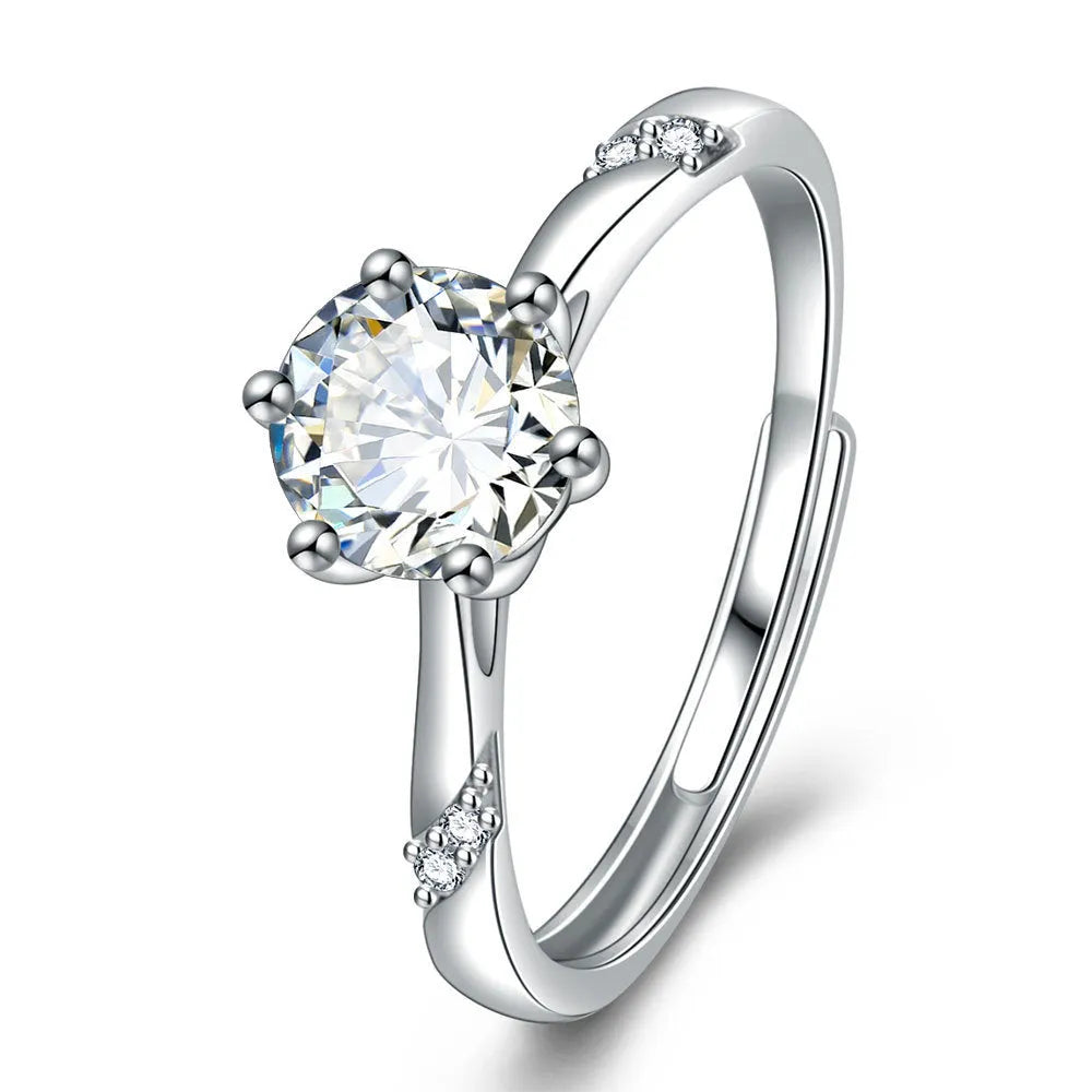 S925 sterling silver diamond-studded ring with adjustable opening, 1 karat accent, white gold colour
