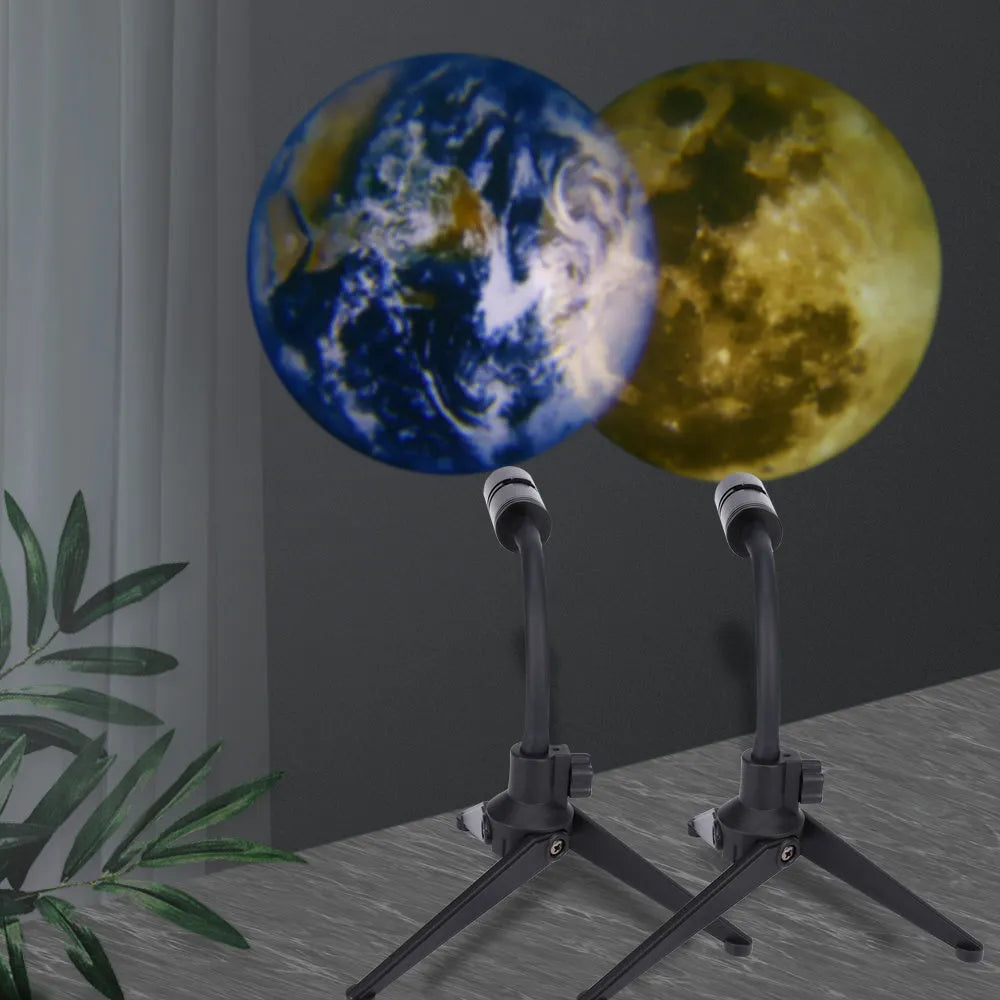 White ABS projector lamp with adjustable bendable bracket projecting earth image on wall