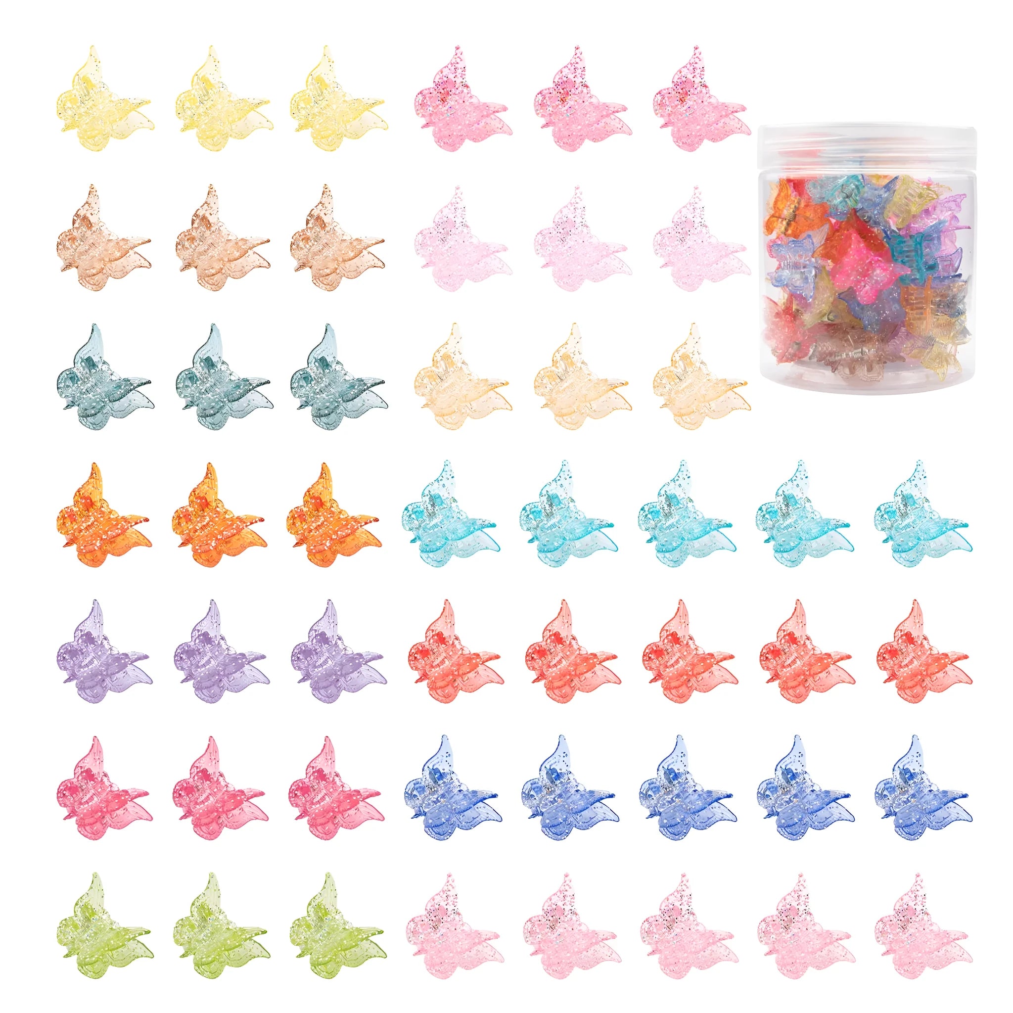 50 glitter butterfly hair claw clips in 14 sparkly colours displayed together