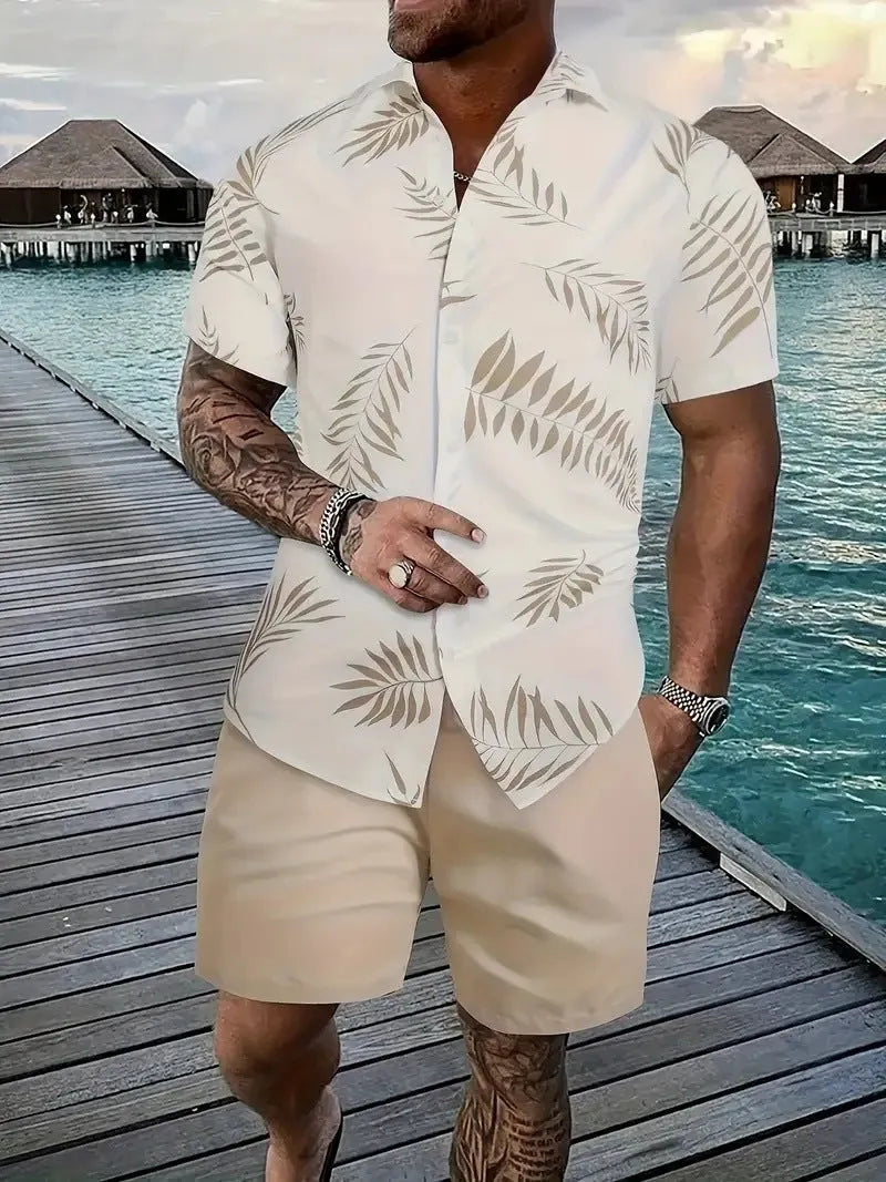 Men's 3D printed Hawaiian style short sleeve top and matching shorts summer suit