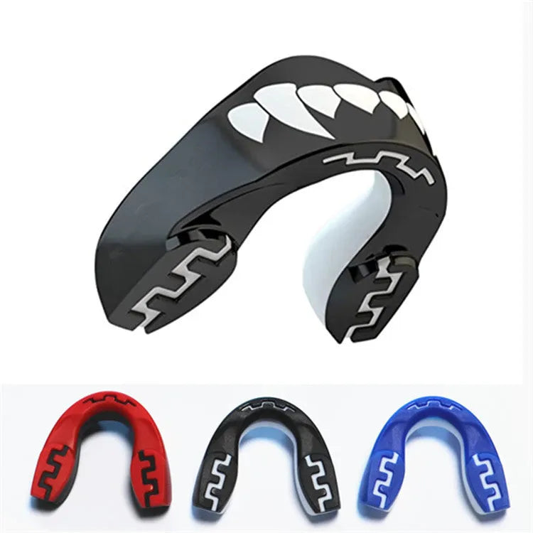 Adult boxing mouthguard with tooth socket design in black and white printed teeth pattern