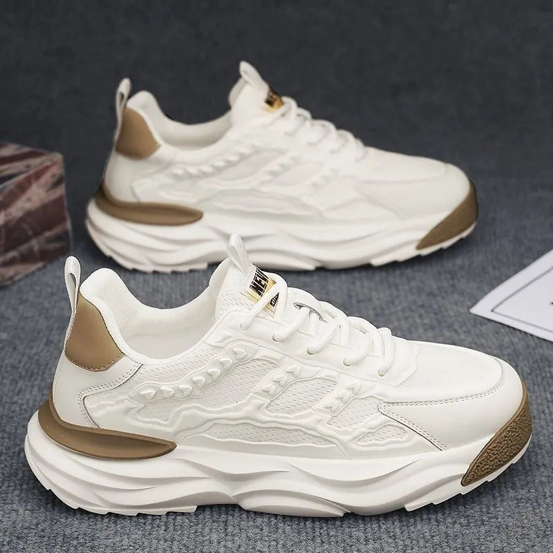 Men's solid colour casual shoes with breathable PU mesh upper and round toe in black and white.