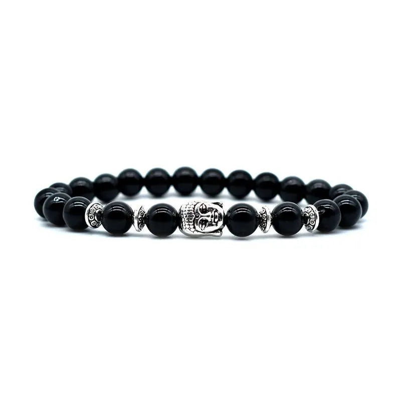 Handmade unisex bracelet with a 19mm Buddha head bead in amethyst, black agate, pink crystal, green gold, or tiger eye stone.