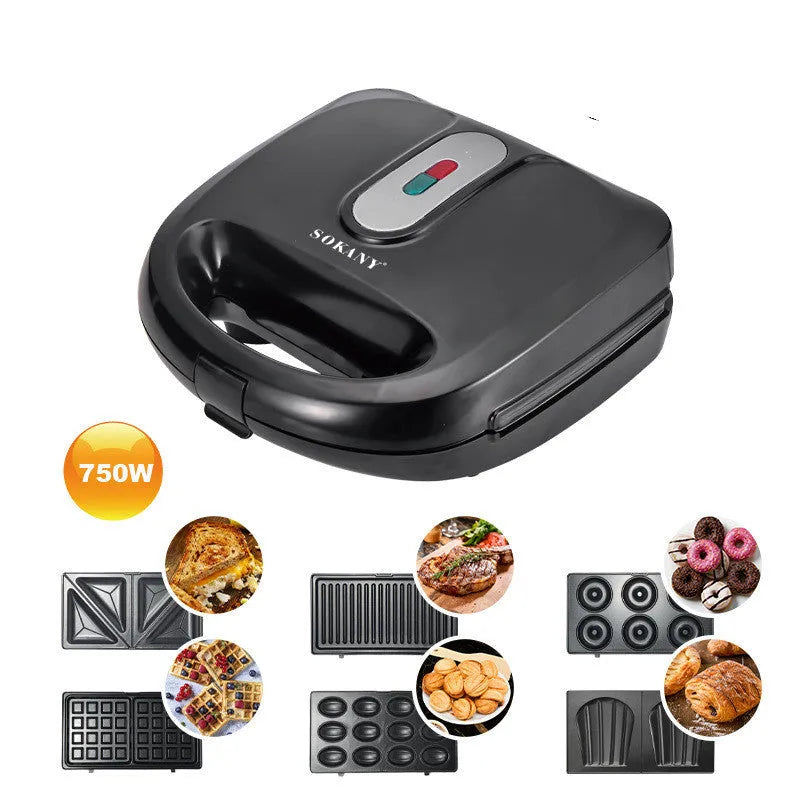 Black double-sided electric sandwich pan with stainless steel lid on a kitchen counter.