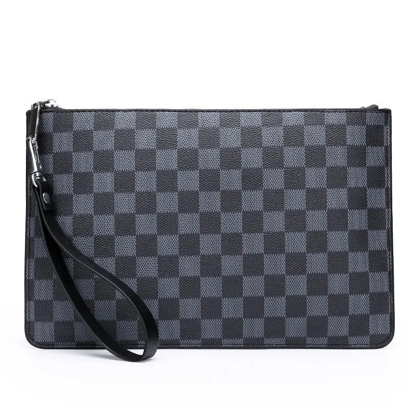 Men's soft PU leather clutch wallet showing card slots and zipper pocket in checkered pattern