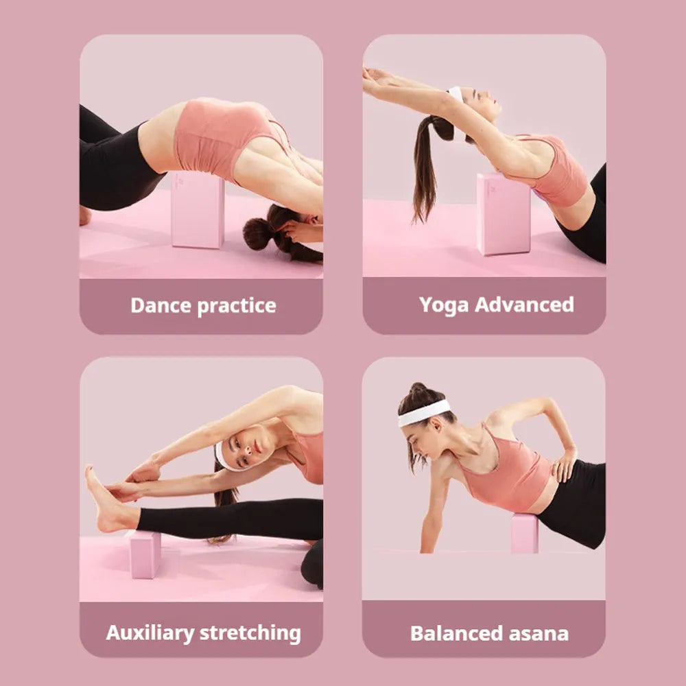 Rectangular EVA foam yoga blocks in blue pink purple rose colours showing dimensions and grip ridges