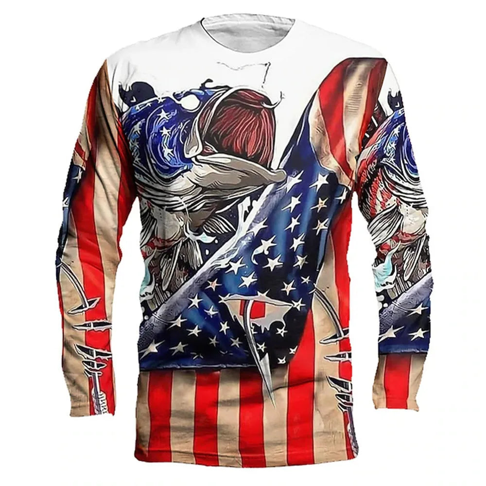 Men's grey round neck pullover top with a fish pattern print on the front.