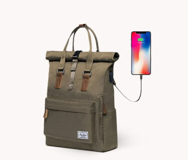 Black casual polyester backpack showing front view with cover flap and adjustable shoulder straps.