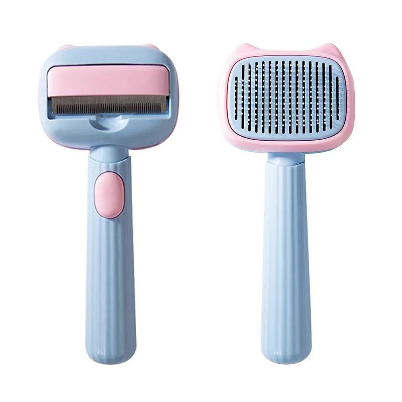 Blue double-sided pet grooming brush showing deshedding rake and dematting comb on a 195mm long handle.