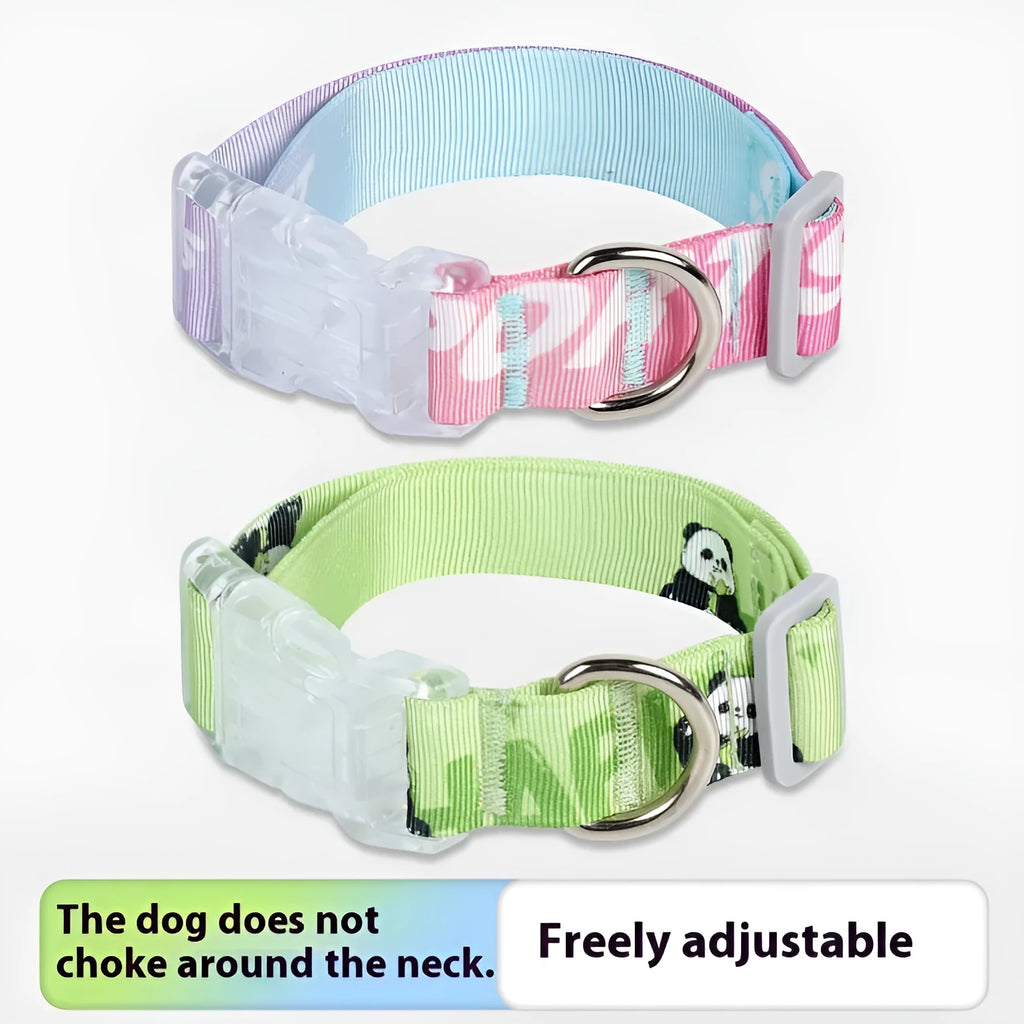 Adjustable nylon dog collar with a colourful cartoon gradient print and plastic buckle.
