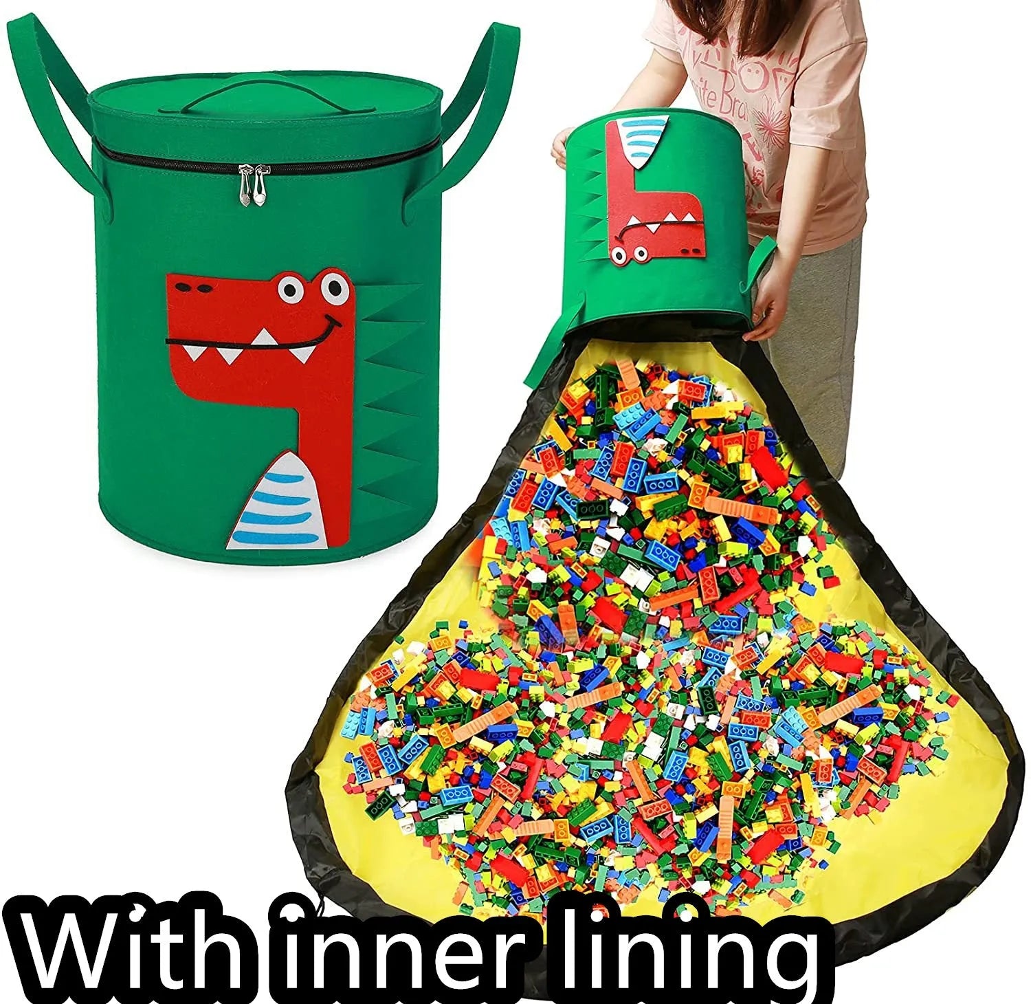 Green felt cube storage bag with pull rope shown as both a toy play mat and closed storage container