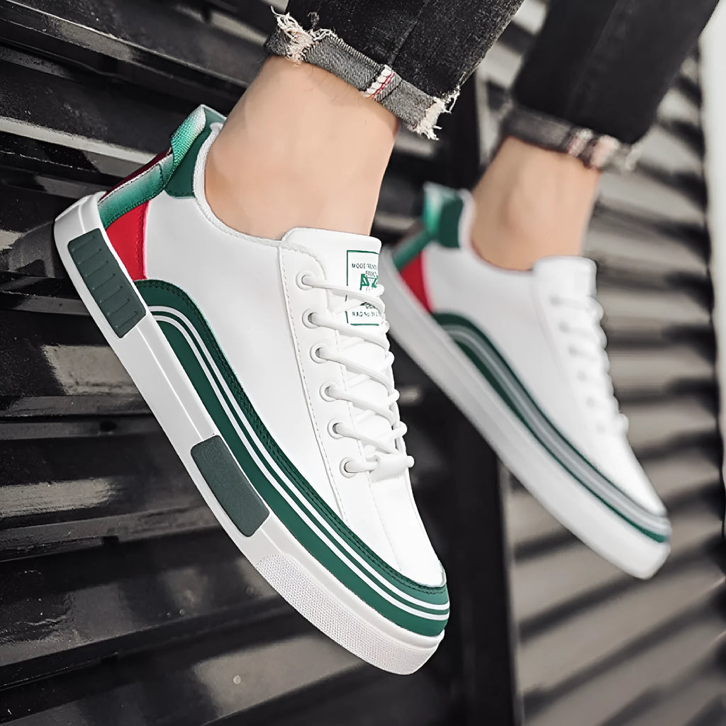 Men's casual canvas shoes with mesh panels in beige, white and green colours, flat heel design