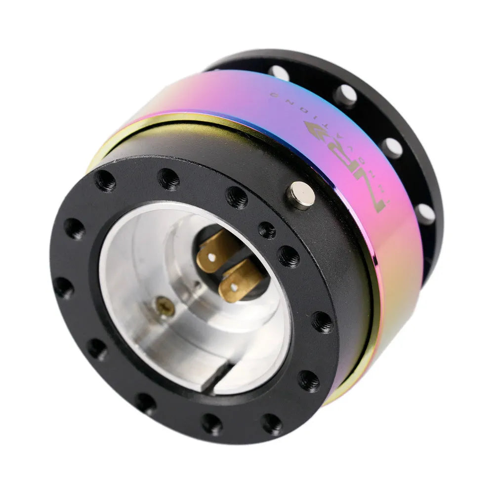 Colourful car steering wheel quick release device with lock and base plate.
