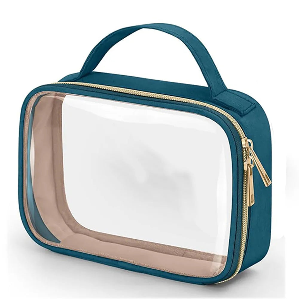Transparent PVC cosmetic organiser bag with chain in multiple colours including leopard print for lipstick and brush storage.
