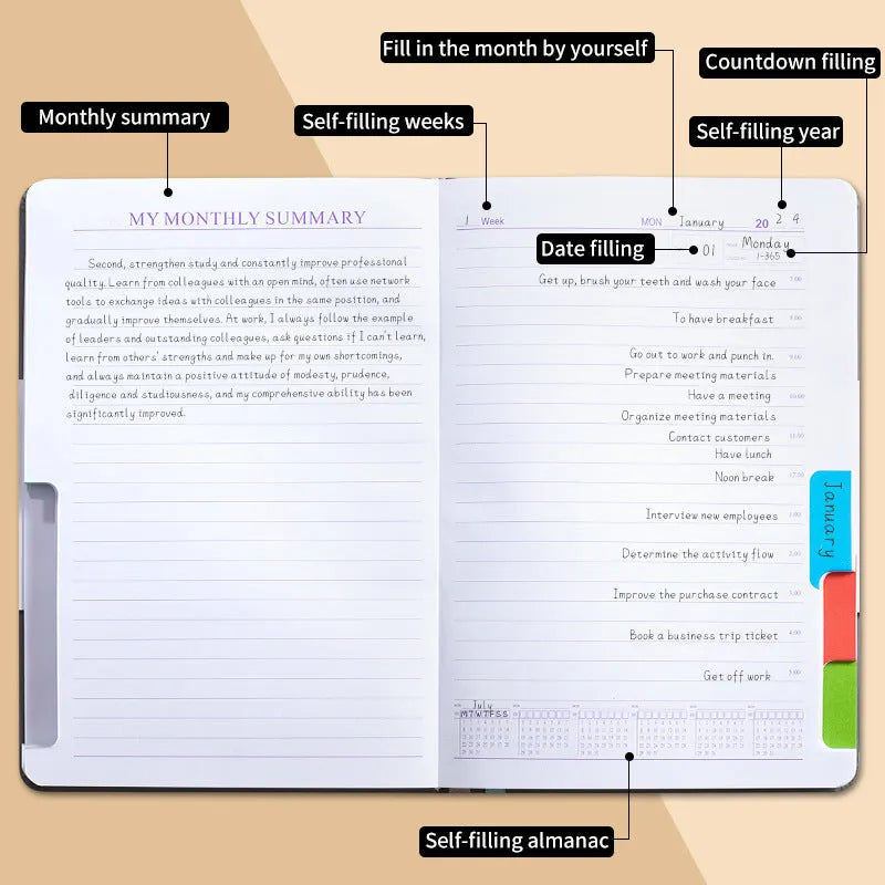 PU cover no-date notebook with thread binding showing 200 sheets of wood-free paper