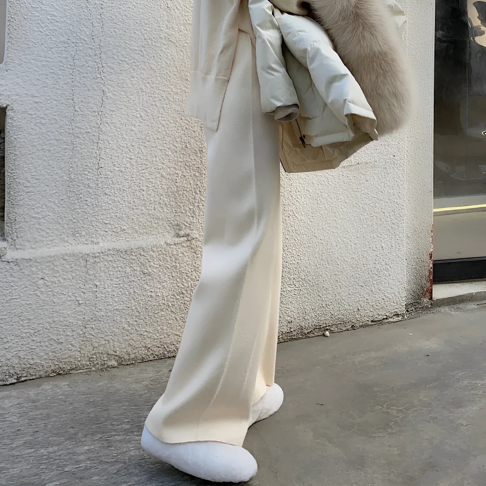 Women's thick knitted wide-leg trousers in cream white, linen colour, milk brown, or black