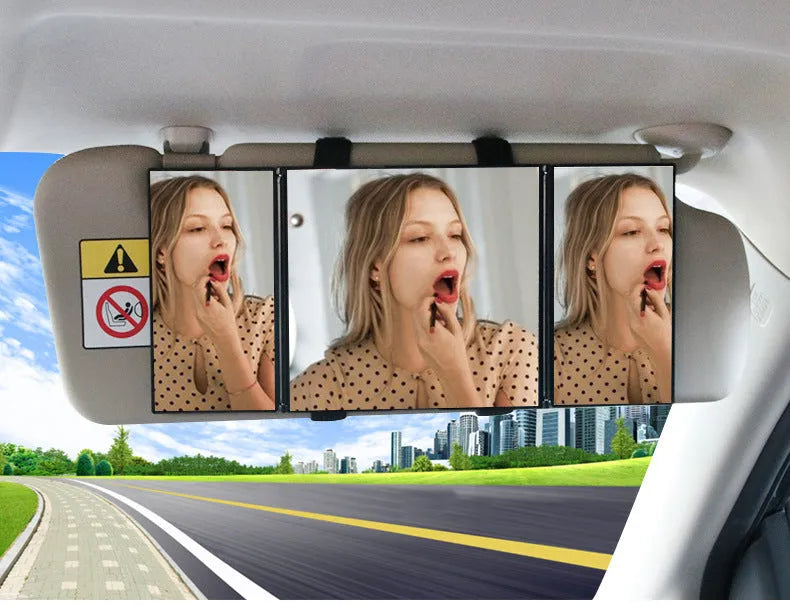 Silver car folding makeup mirror shown closed at 15.5x14cm and opened at 30.5x14cm.