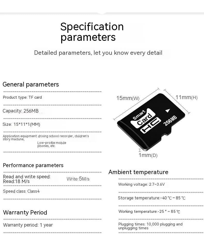 TF series 256MB memory card with 11x15mm dimensions for portable digital devices