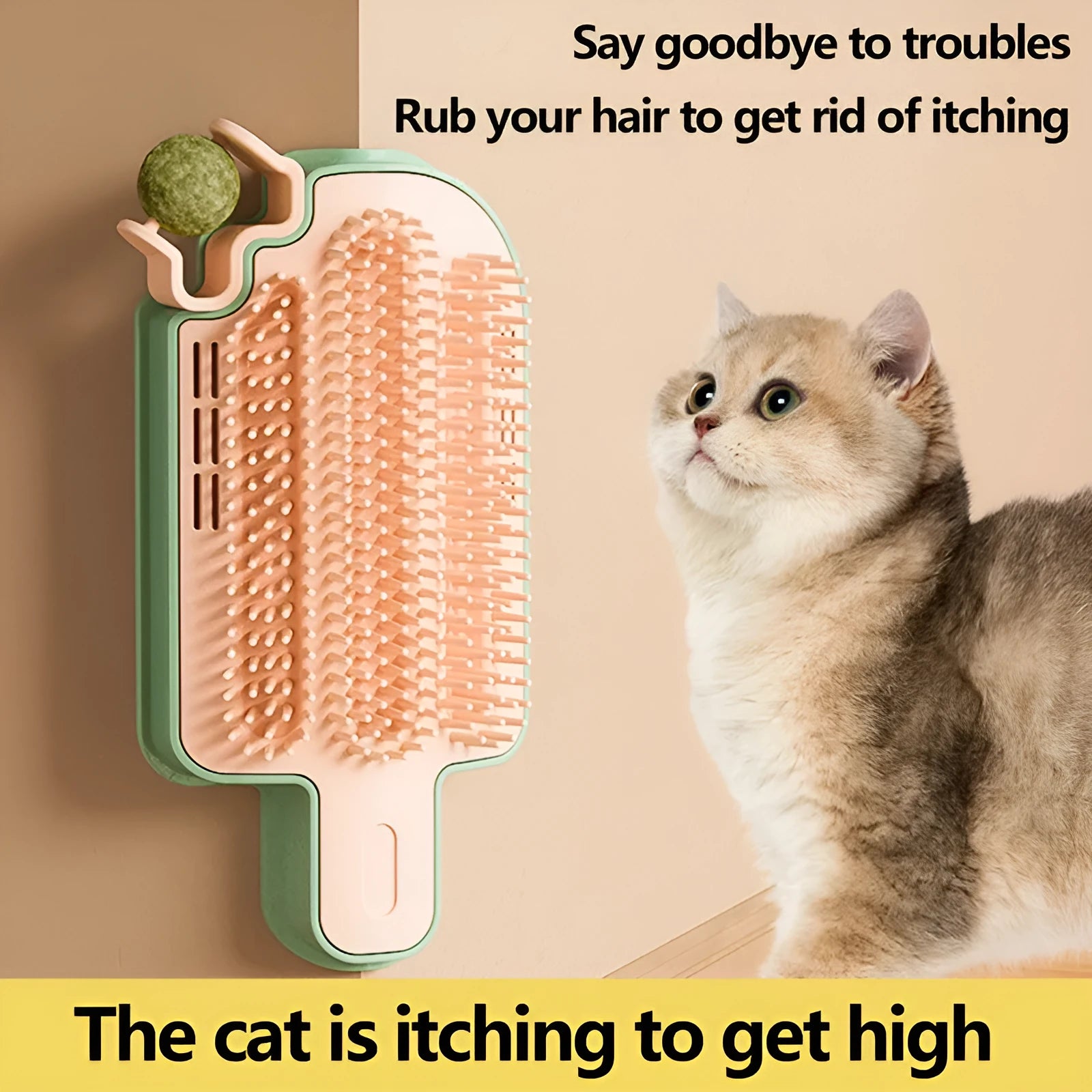 Ice cream cone shaped cat scratching toy with a blue feather and a green mint ball attached.