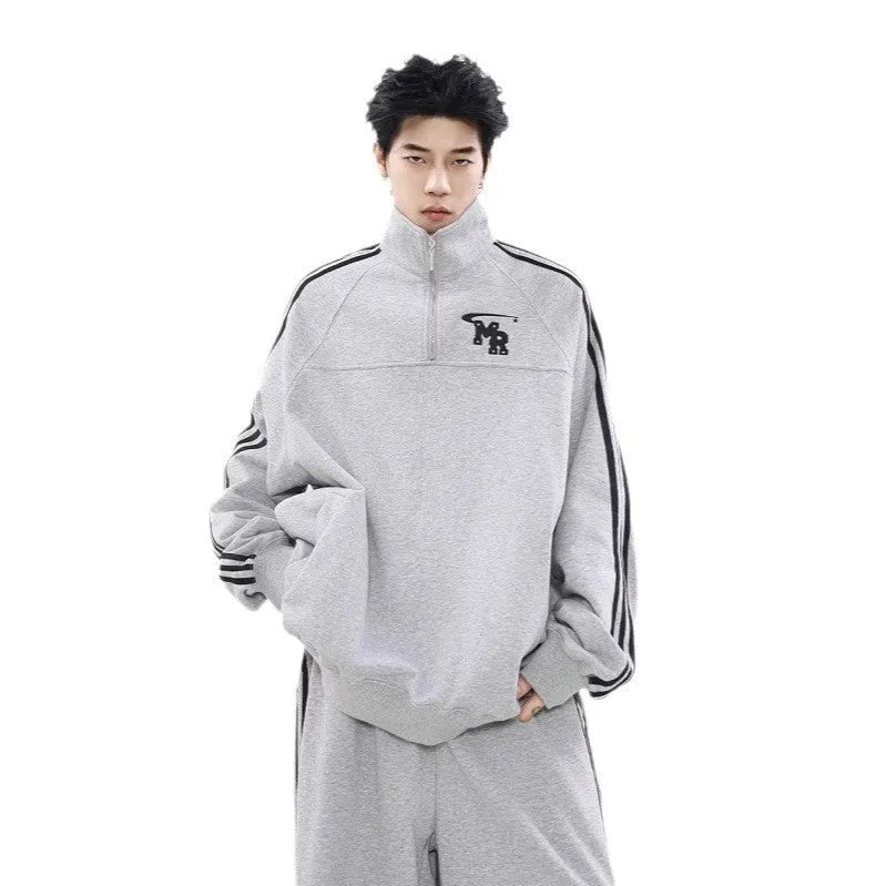 Hong Kong style retro hoodie with stand collar in black top colour showing long sleeve sports jacket design