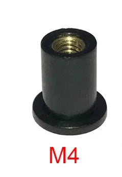 Brass motorcycle windshield nuts with black rubber expansion sleeves in three metric sizes