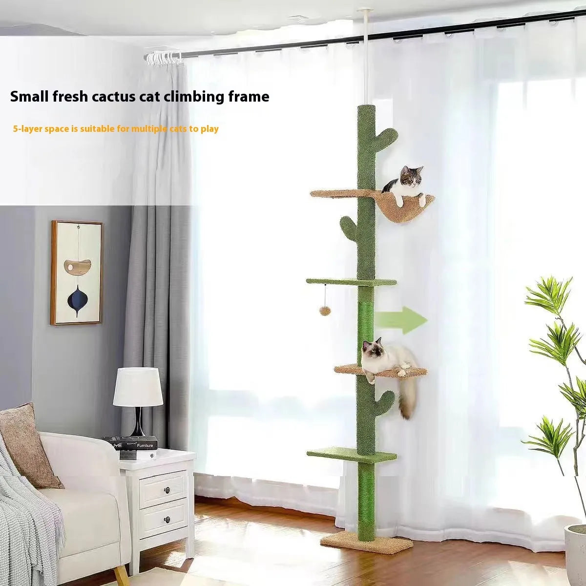 Tall solid wood cat climbing frame with integrated scratch board and cat nest