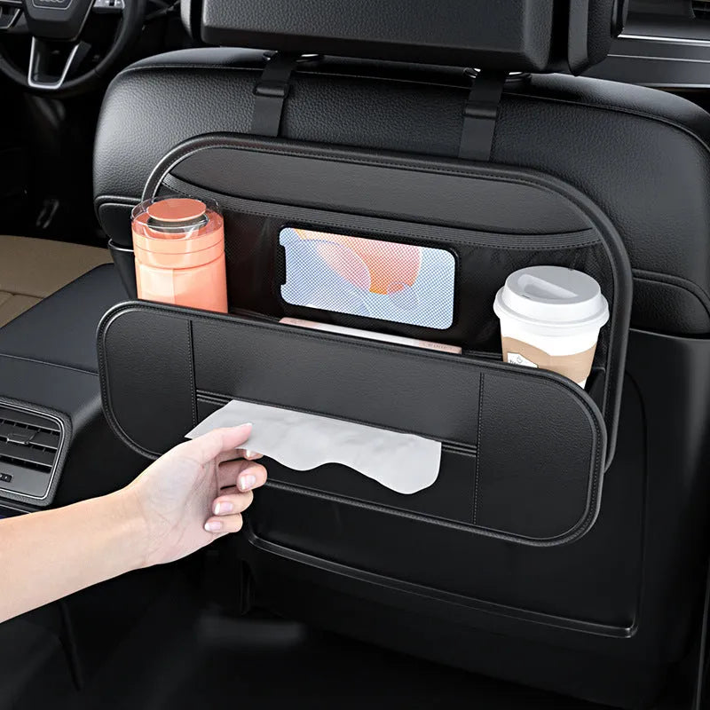 Black leather car seat back storage bag with organisable pockets for vehicle use.