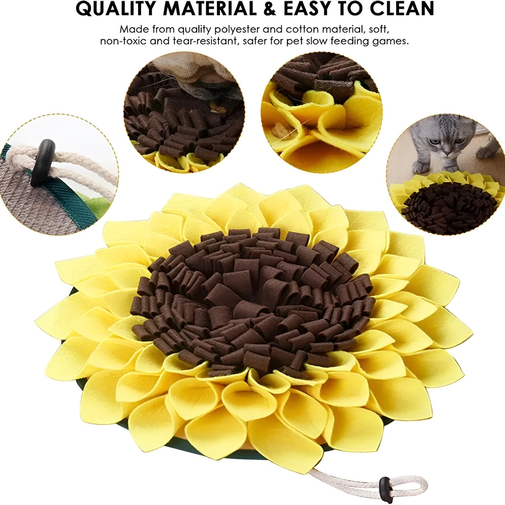 Yellow sunflower-shaped dog snuffle mat with fabric folds for hiding treats.