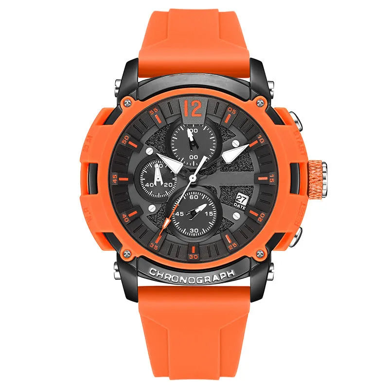 Men's digital quartz watch with calendar display showing black, blue, green, orange and red colour options