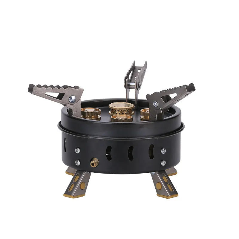 Portable windproof camping gas stove holder set in dark khaki, with cloth bag, for cookouts with 3-5 people.
