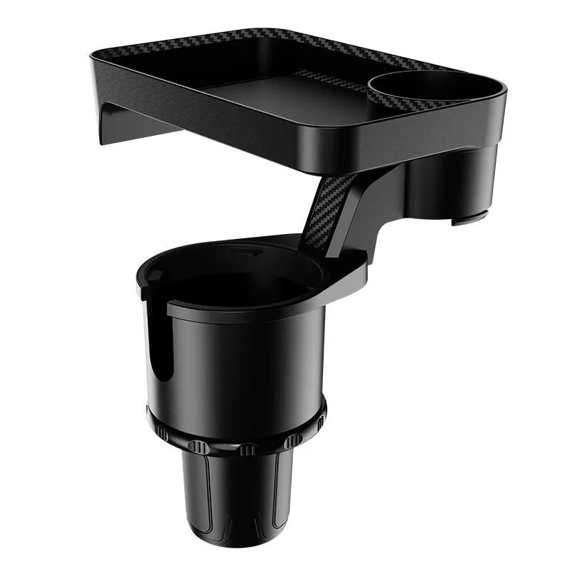 Black ABS plastic car-mounted rotating dinner tray holder showing 360-degree rotation mechanism