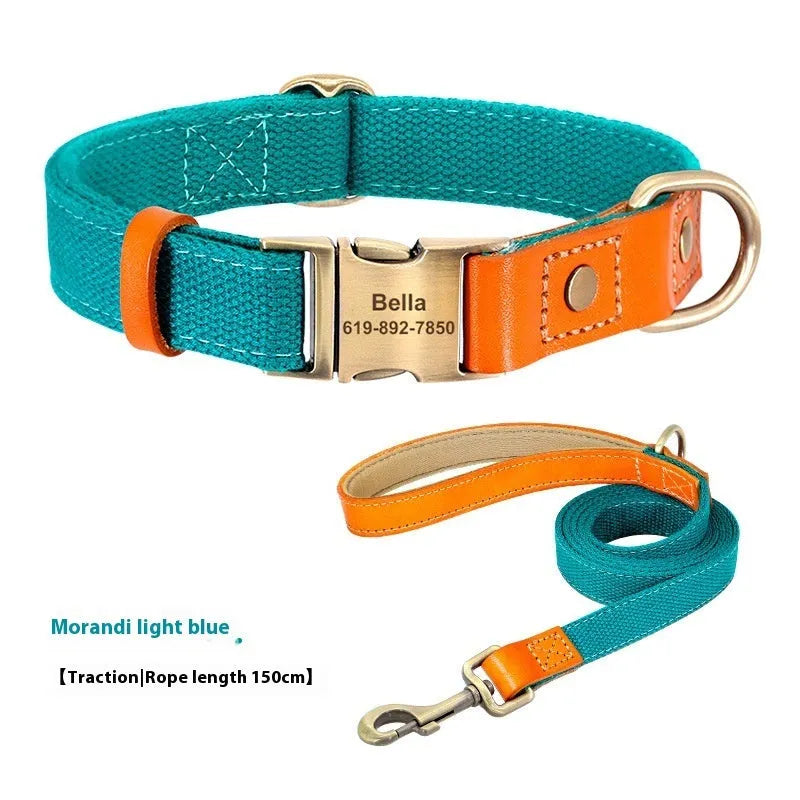 Small dog wearing handmade mohair collar with matching traction rope in green with embroidered lettering