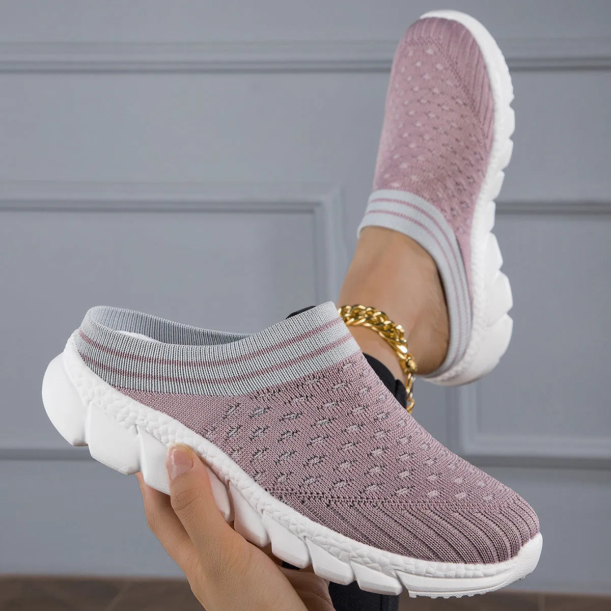 Women's striped flyknit shoes with height-increasing sole and hollowed-out design in three colour options