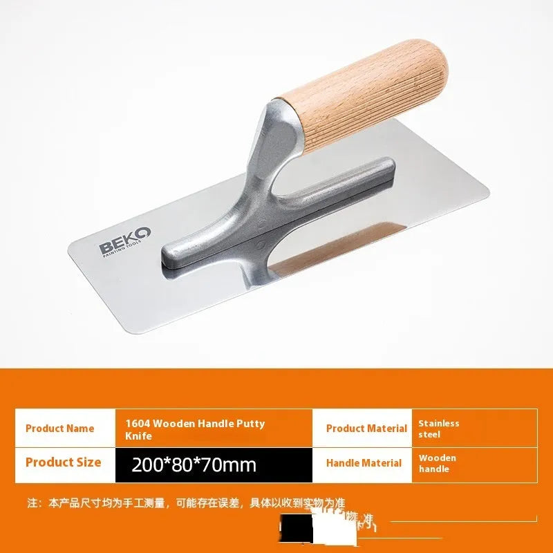 Stainless steel putty scraper with a wooden handle, showing three different blade size options.