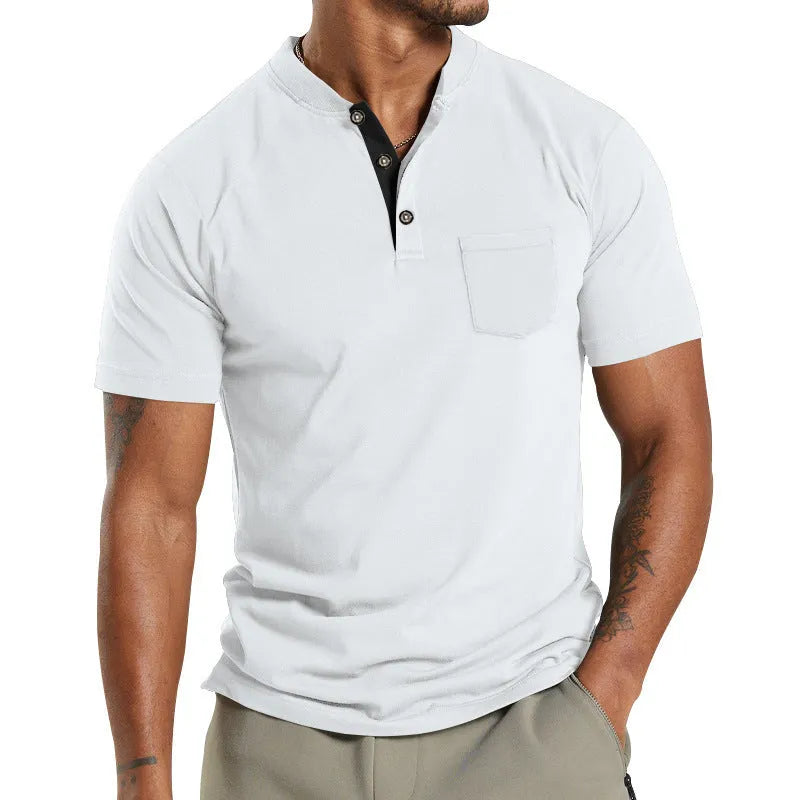 Plus size man wearing a solid colour short sleeve pullover shirt with a button chest pocket.