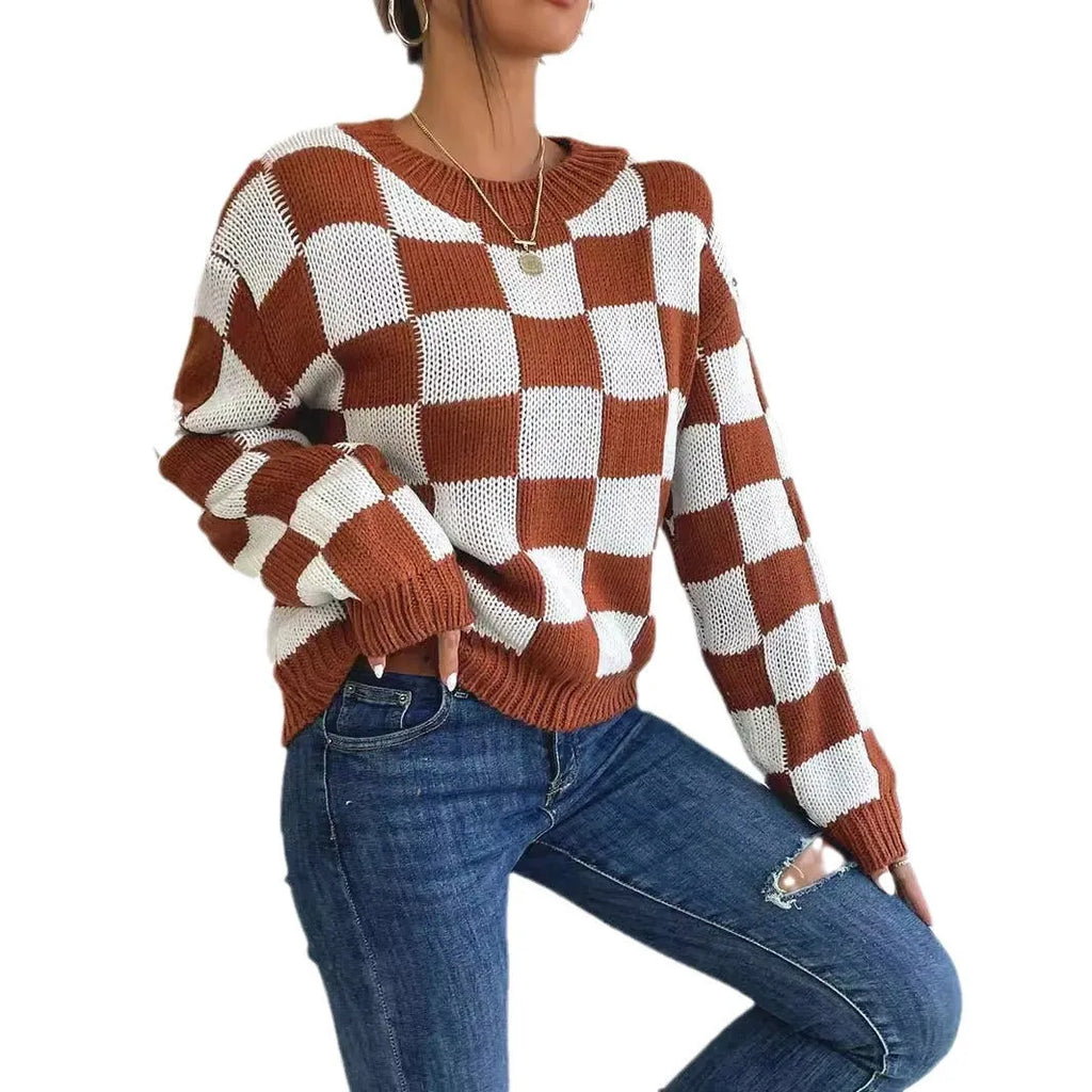 Dark brown plaid pattern acrylic pullover sweater with long sleeves and a round neck