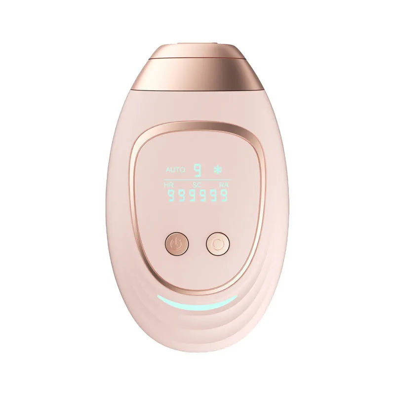 Pink and white three-in-one ice-sensing laser hair removal device with shaver attachment and accessories