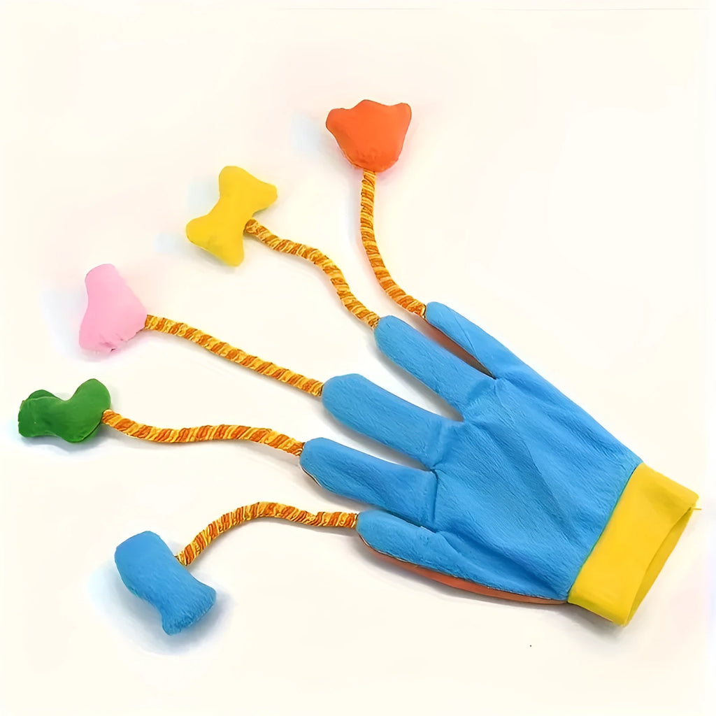 Yellow and blue plush cat toy with bell measuring 40cm long