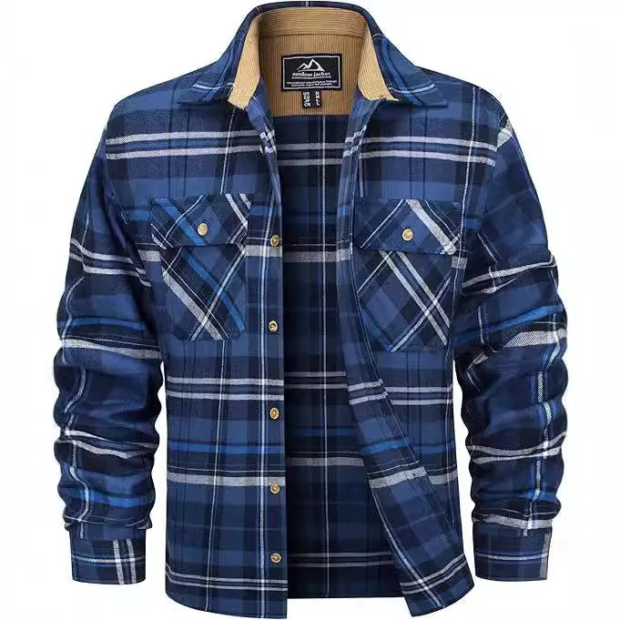 Men's flannel button shirt showing plaid pattern in multiple colour options with button-front design