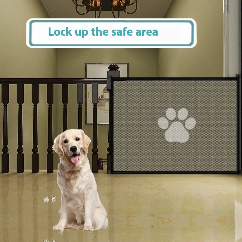 Portable folding dog barrier with pet doorsill showing dog footprint pattern