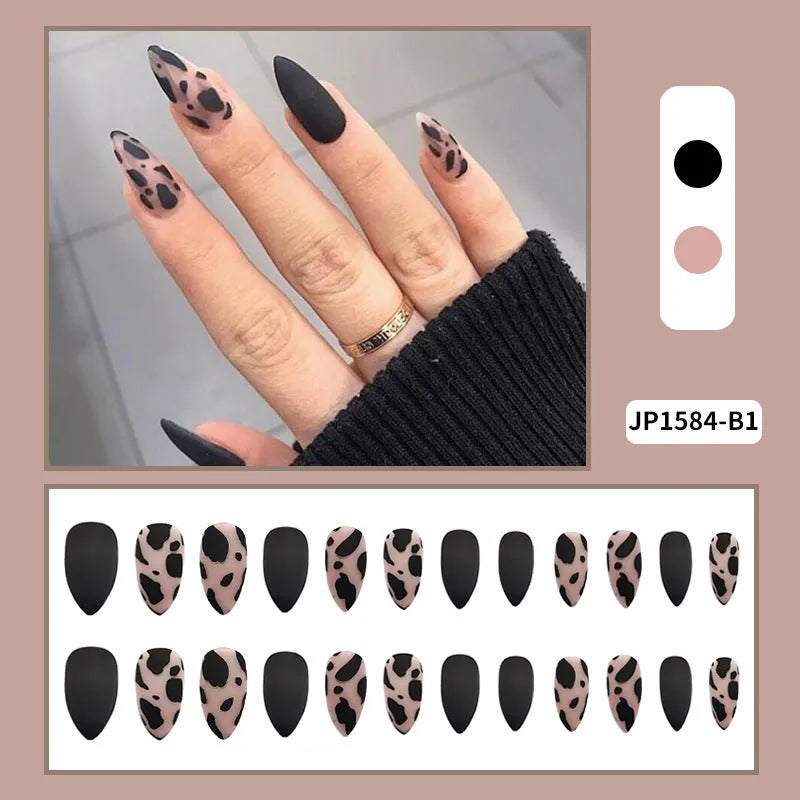 Head matte frosted almond shape false nails in multiple colours including Black and Leopard print, 24 pieces with glue