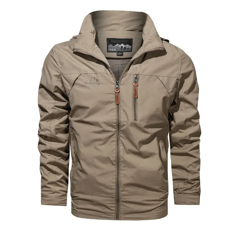 Men's plus size nylon hooded jacket in army green with stand-up collar and zip front