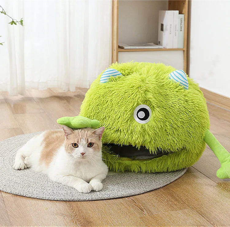 Fluffy round cat bed with non-slip base shown in three size options