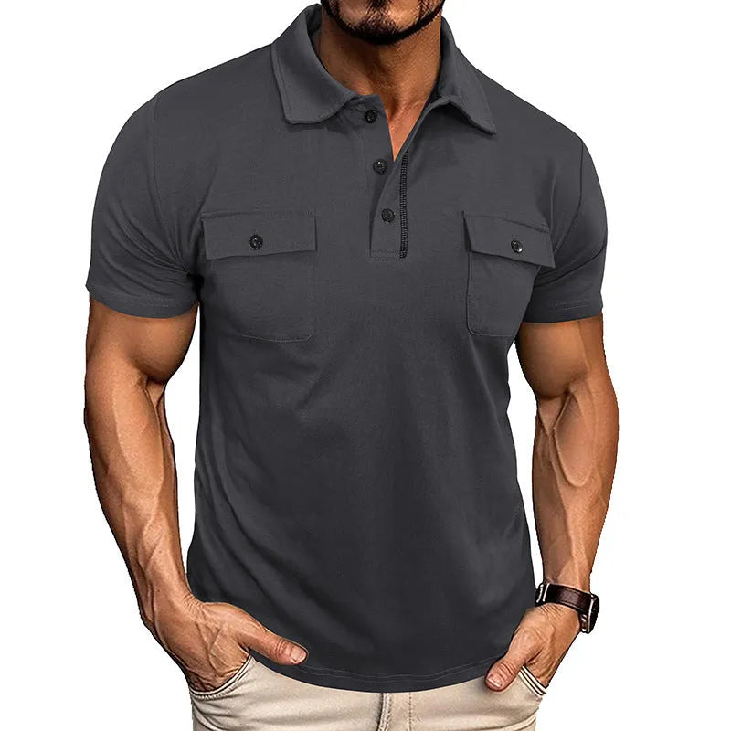 Summer lapel button polo shirt with pockets for men in army green colour, short sleeves, loose fit