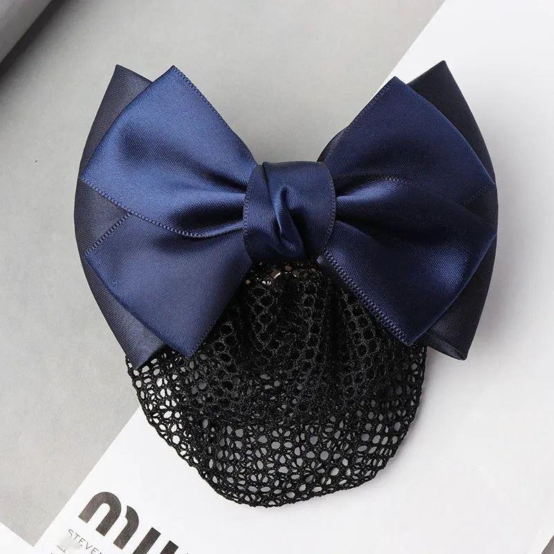 Professional hair clip headdress with flower bow net pocket in multiple colour variations