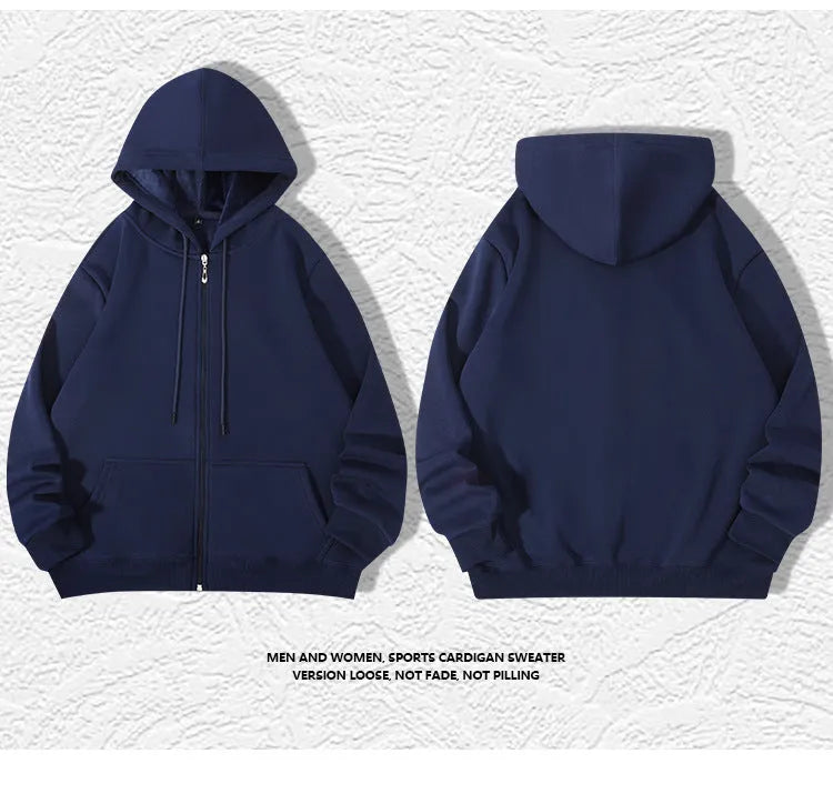 Men's heavyweight zip hooded sweater in charcoal grey showing front kangaroo pockets and adjustable hood