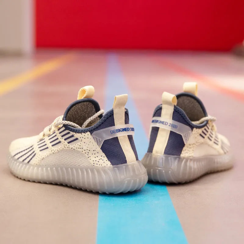 Men's breathable flying fabric sports shoes in white, black, or khaki with platform heel and round toe design