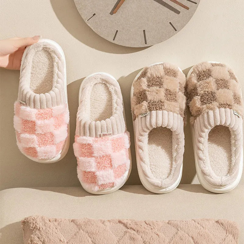 Women's plush indoor slippers in grey with coral velvet upper and flat PVC sole.