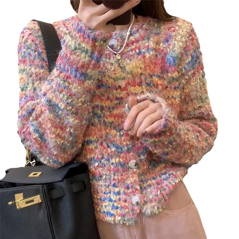 Rainbow knitted cardigan sweater in retro gentle idle style showing toothbrush hair fabric texture